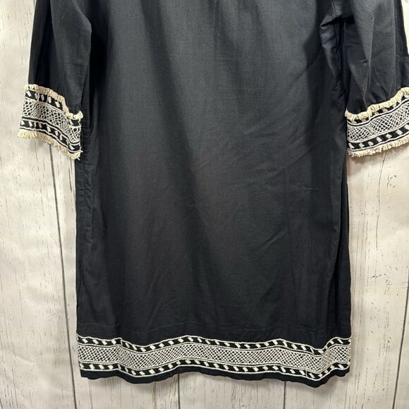 Gretchen Scott Embroidered Boho 3/4 Sleeve Fringe Black Shift Womens Mini Dress - Picture 14 of 15